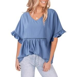Dokotoo Women's Ruffle Bell Sleeves Peplum Top Relaxed Pullover Size XL Blue NWT